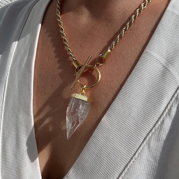 Clear Quartz Gold Bullet Necklace - rope chain quartz necklace, gold plated - Picture 2 of 3